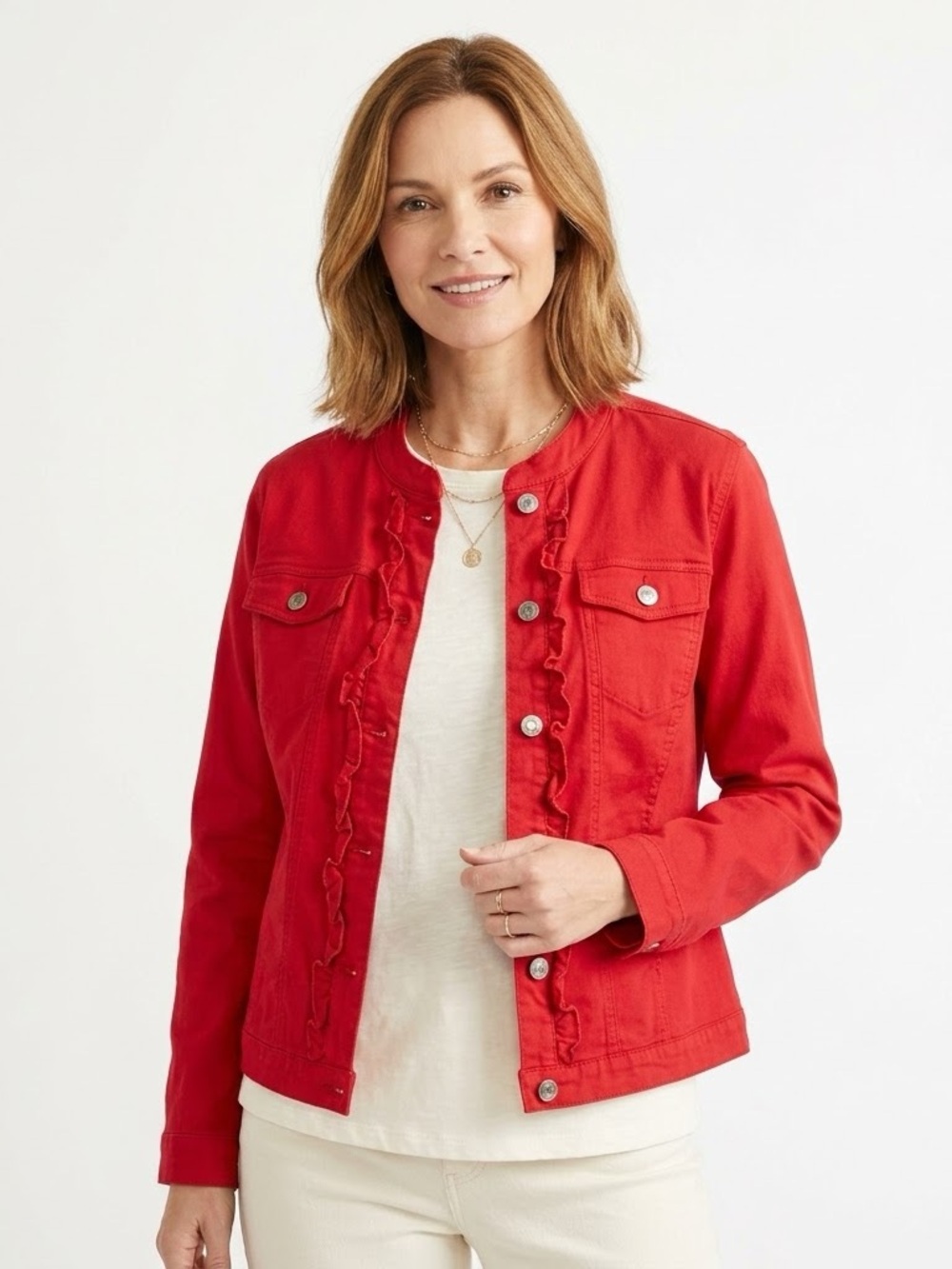 Northern Reflections Red Ruffle Front Jean Jacket Cotton Stretch Collarless, L